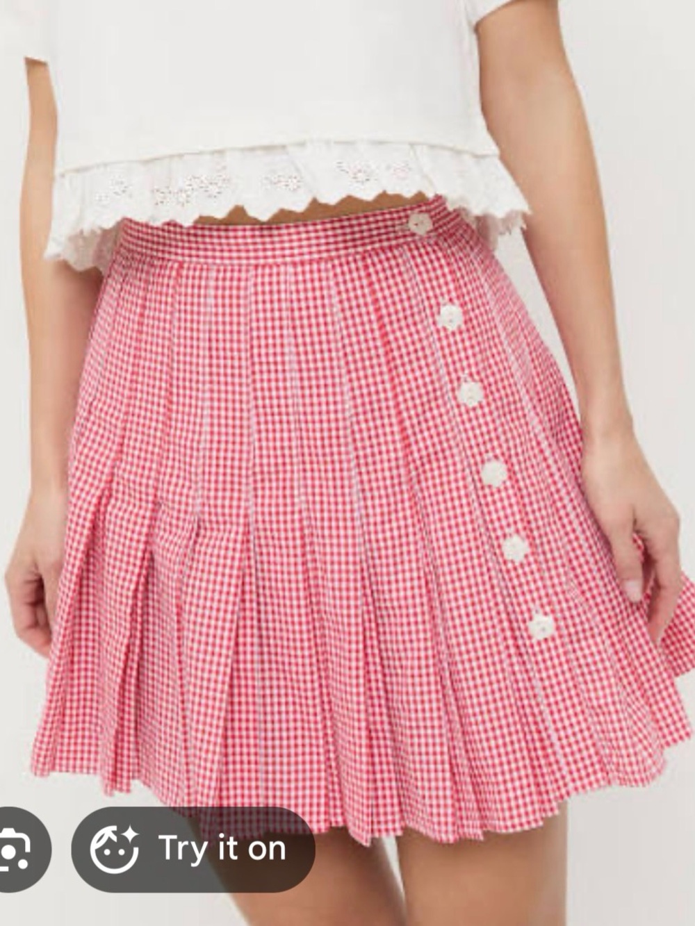Loeffler Randall Caroline red Gingham Pleated Mini Skirt with Floral Buttons